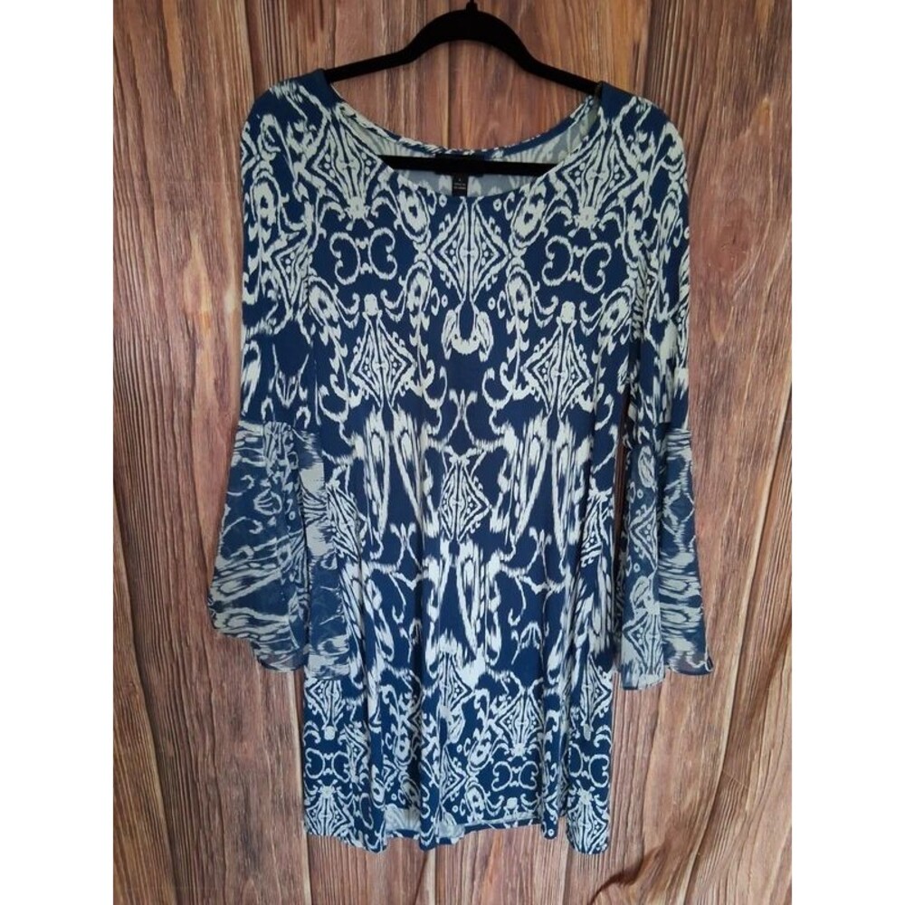 MSK Navy Blue & White Ikat Print Bell Sleeve Shift Dress Size large